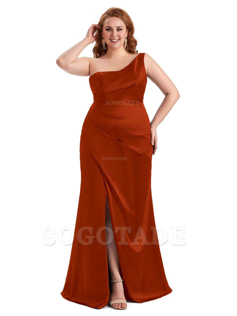 Sexy Side Slit One Shoulder Mermaid Long Plus Size Satin Maxi Dresses