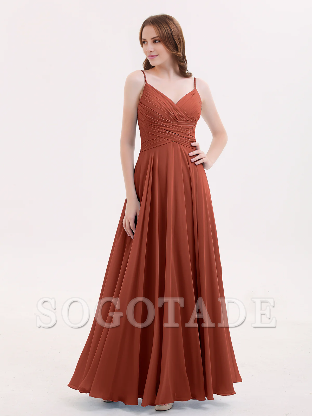 V-neck Fine Shoulder Strap Floor Length Chiffon Bridesmaid Dresses Online