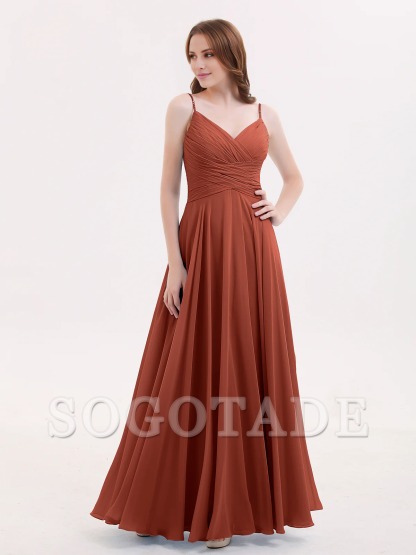 V-neck Fine Shoulder Strap Floor Length Chiffon Bridesmaid Dresses Online