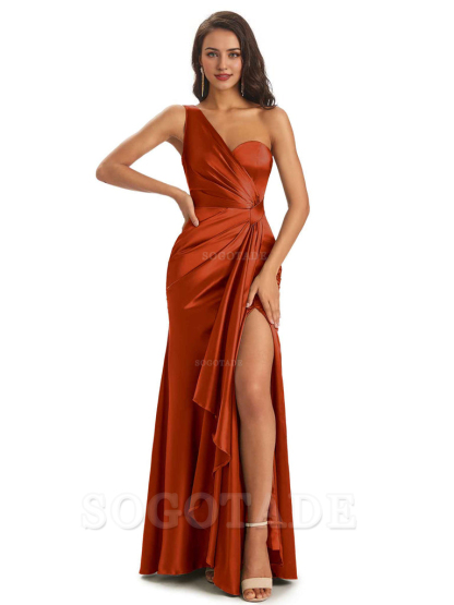 Elegant Soft Satin Side Slit One Shoulder Unique Mermaid Bridesmaid Dresses Online prom dresses shops