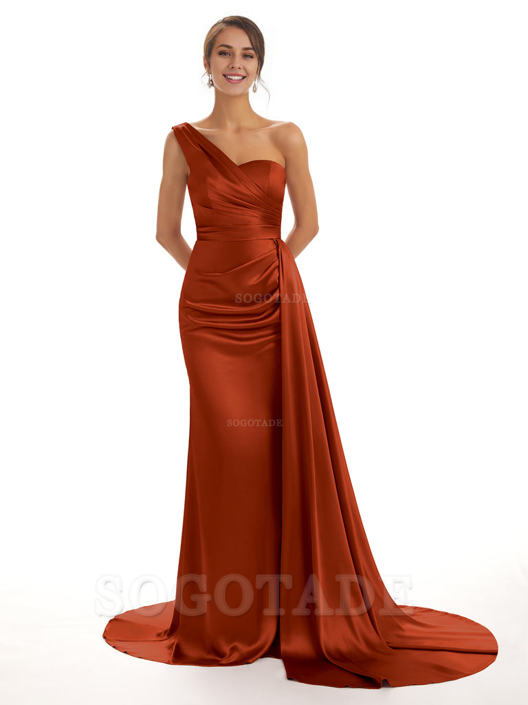 Elegant One Shoulder Soft Satin Unique Mermaid Long Bridesmaid Dresses Online prom dresses shops