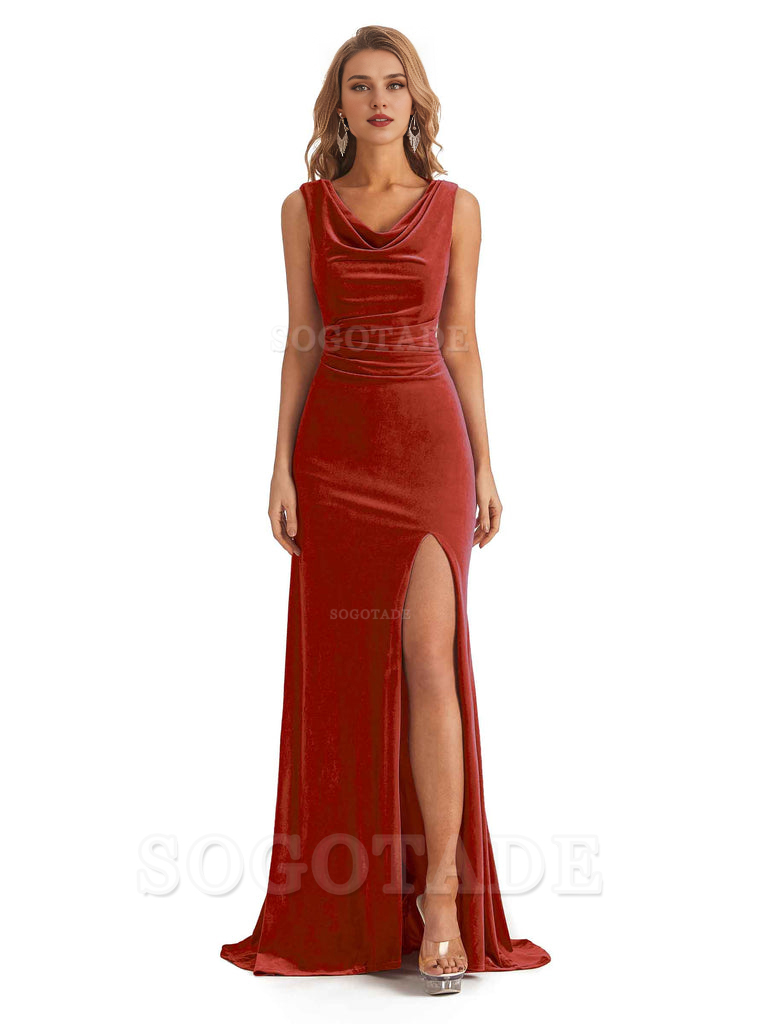 Sexy Mermaid Cowl Velvet Long Open Back Side Fork Bridesmaid Dresses Formal Wear Dresses