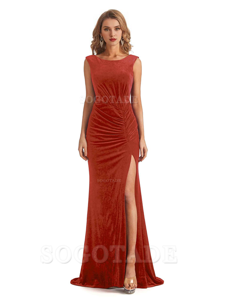 Sexy Open Back Mermaid Velvet Jewel High Split Maxi Long Bridesmaid Dresses Online