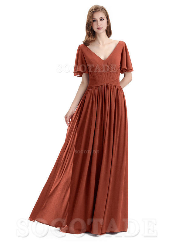 A-Line Chiffon Short Sleeves Elegant Floor-Length Bridesmaid Dresses Formal Women's Dresses Wedding Guests Dresses
