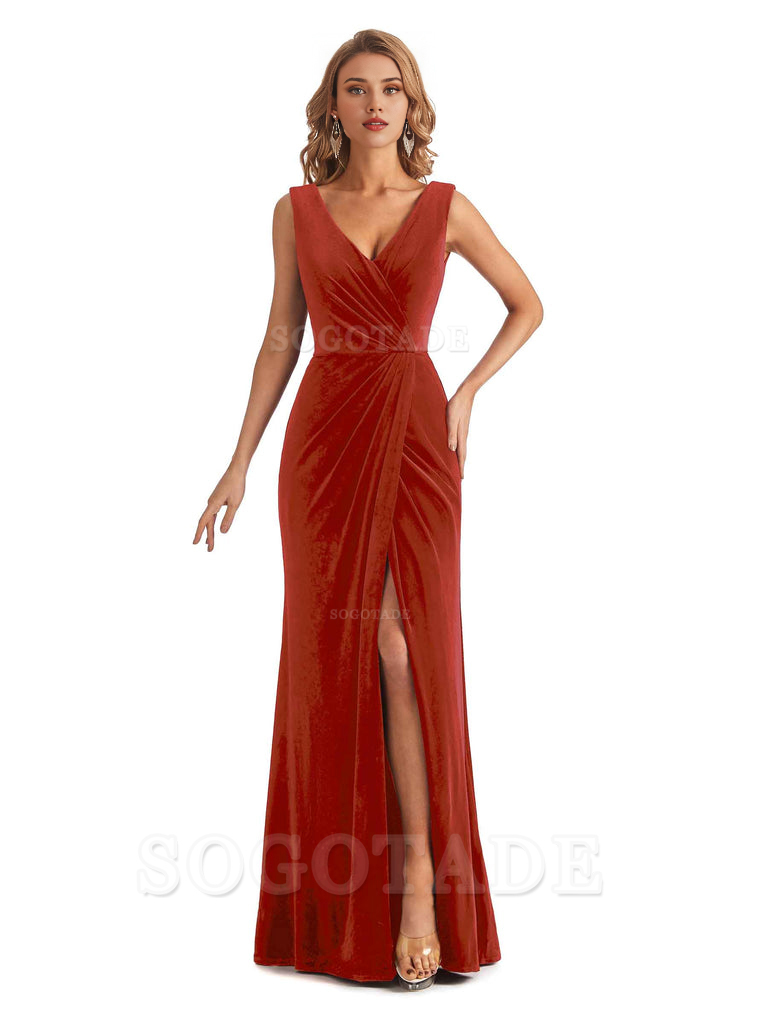 Sexy Deep V-Neck Sheath Velvet Side Slit Long Elegant Bridesmaid Dresses Formal Women's Dresses Wedding Guests Dresses