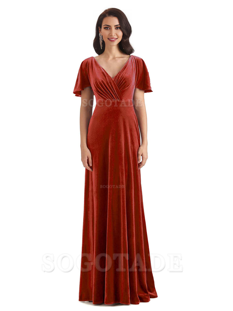 V-Neck Sexy See Through Short Sleeves Lace up Velvet Long Bridesmaid Dresses Formal Women's Dresses Wedding Guests Dresses