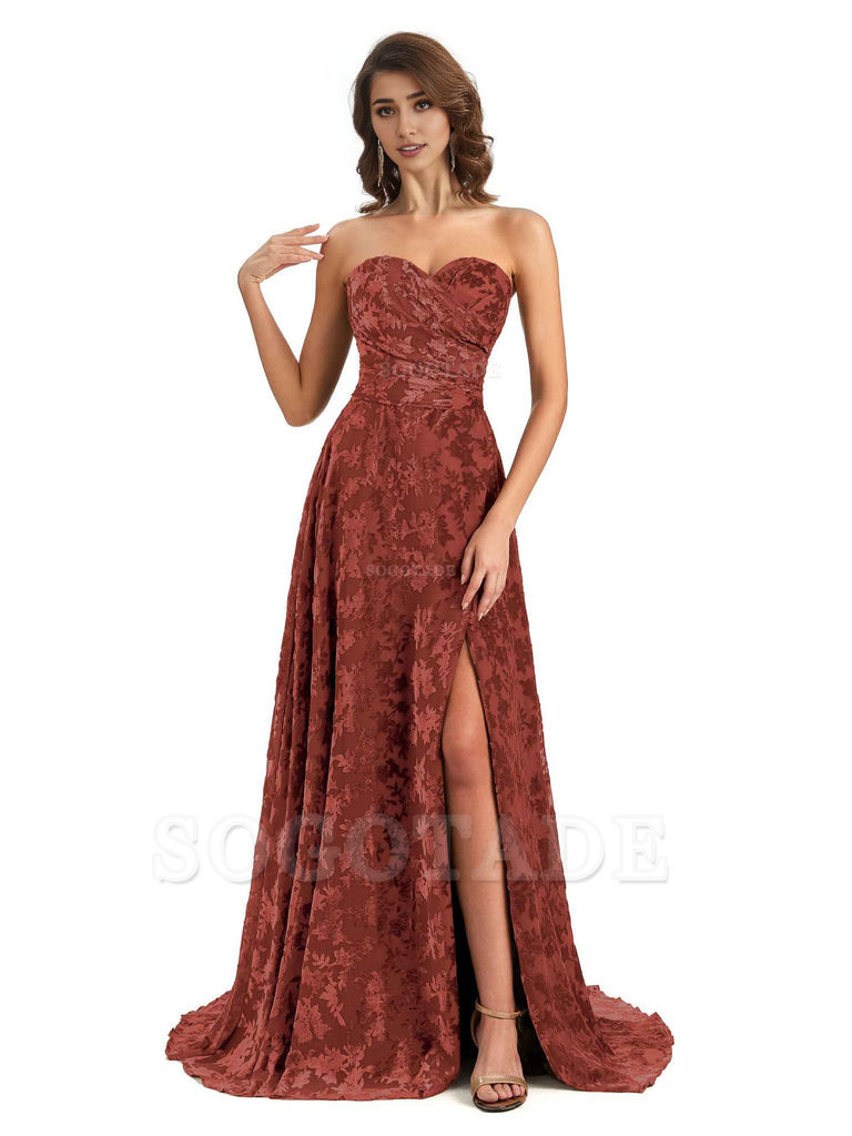Sexy Side Slit Strapless Floral Velvet Sweetheart Long Bridesmaid Dresses