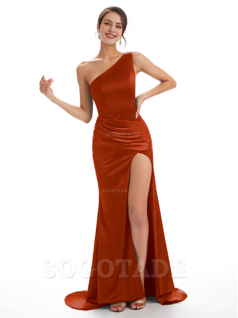 Sexy Soft Satin Side Slit One Shoulder Long Mermaid Bridesmaid Dresses Online prom shop dresses ﻿