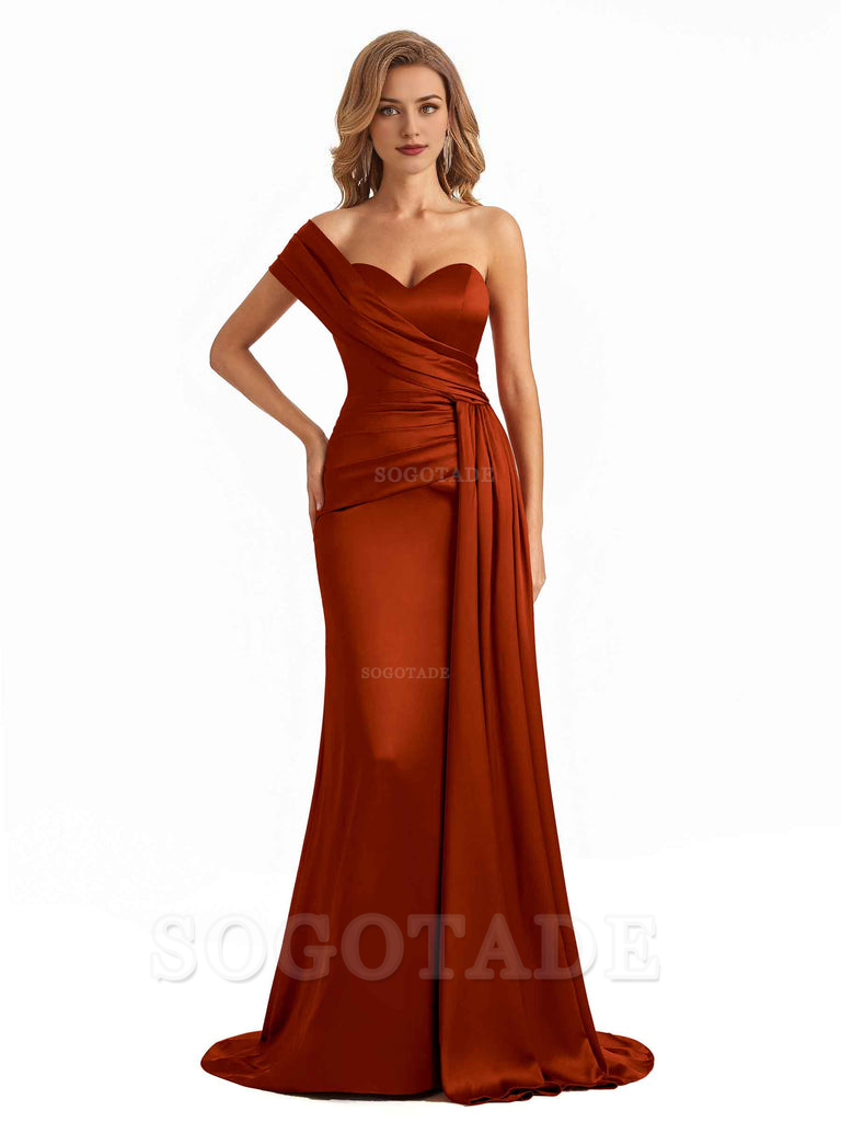 Elegant One Shoulder Soft Satin Long Mermaid Bridesmaid Dresses Online prom shop dresses ﻿