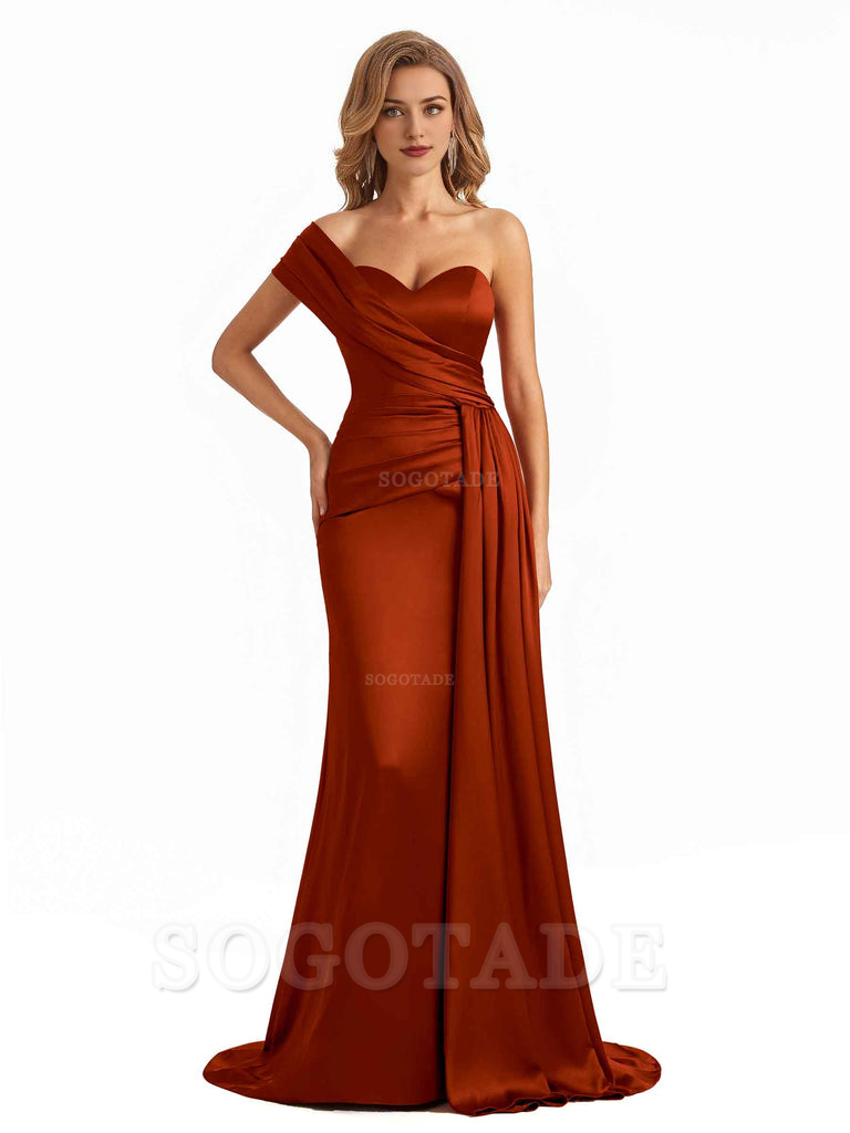 Elegant One Shoulder Soft Satin Long Mermaid Bridesmaid Dresses Online prom shop dresses ﻿