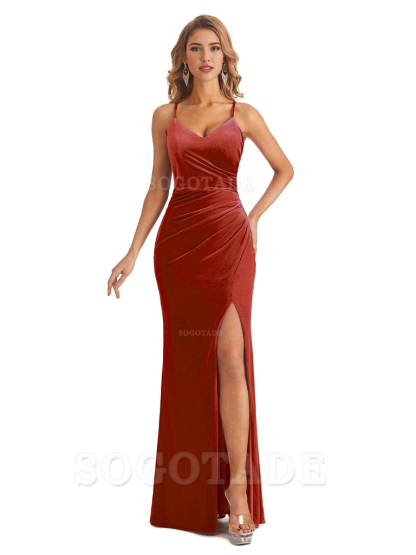 Elegant Mermaid Spaghetti Straps V-Neck Velvet Side Slit Long Bridesmaid Dresses Bridesmaid Dresses Formal Wear Dresses