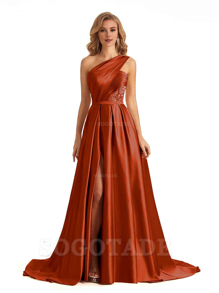 Sexy Side Slit One Shoulder A-Line Soft Satin Long Bridesmaid Dresses Online prom dress in store