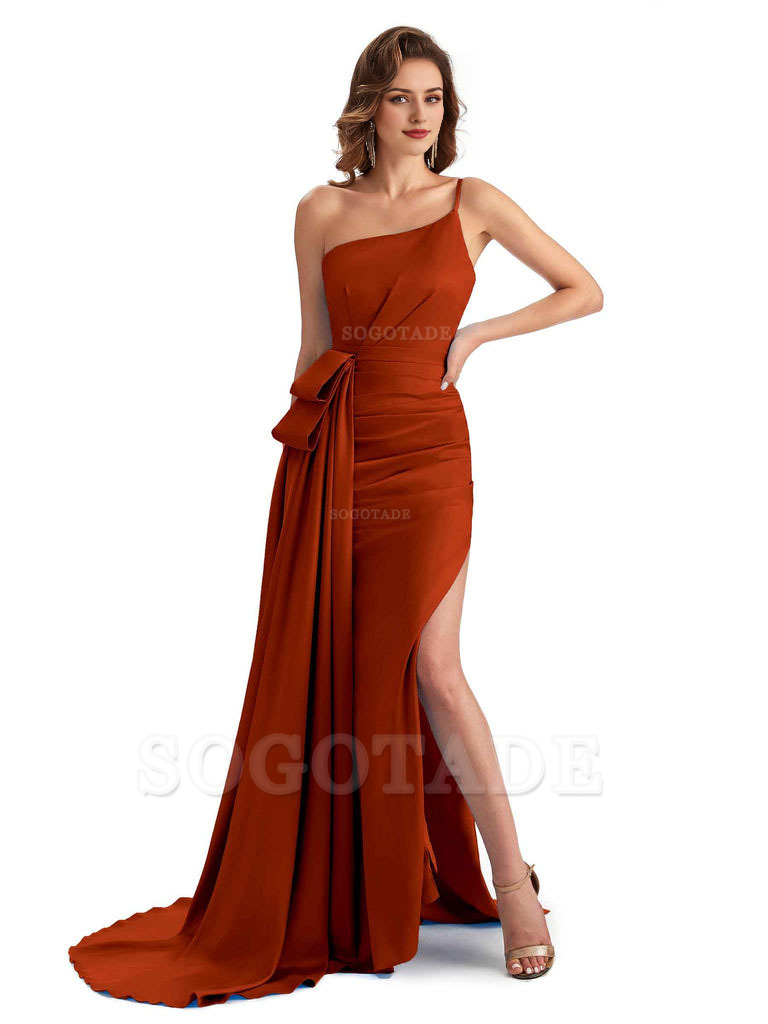 Sexy Side Slit Mermaid Silky Satin One Shoulder Modern Maxi Bridesmaid Dresses