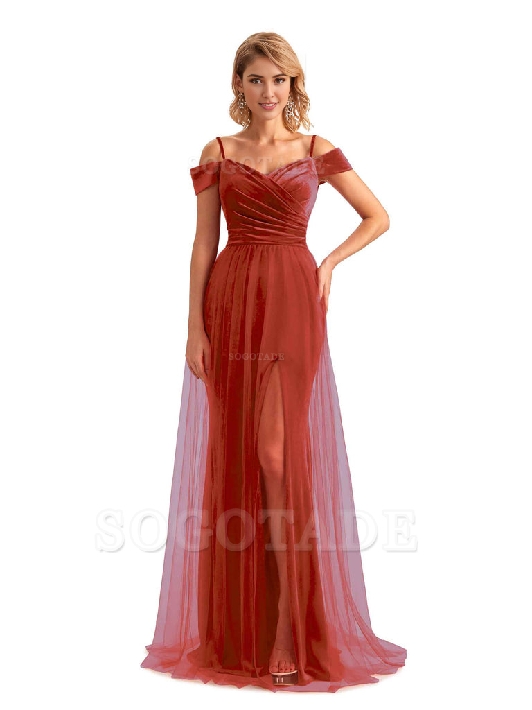 Elegant Mermaid Spaghetti Straps Floor Length Cold Shoulder Side Slit Tulle Velvet Long Bridesmaid Dresses