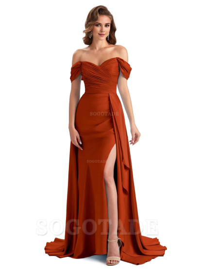 Sexy Side Slit Mermaid Soft Satin Off The Shoulder Long Unique Bridesmaid Dresses prom dress in store