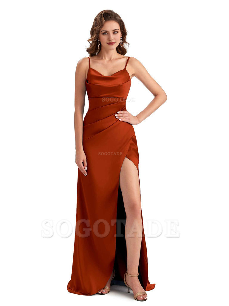 Soft Satin Side Slit Spaghetti Straps Sexy Wedding Bridesmaid Dresses