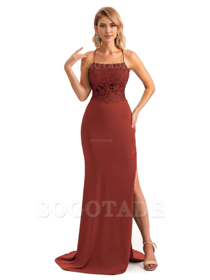Sexy Side Slit Spaghetti Straps Open Back Mermaid Lace Applique Long Formal Bridesmaid Dresses