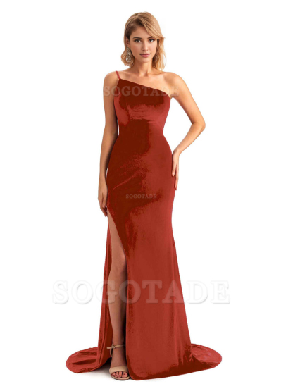 Sexy Side Slit Mermaid Spaghetti Straps One Shoulder Formal Velvet Long Bridesmaid Dresses