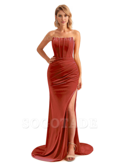  Sexy Side Hight Slit Sleeveless Mermaid Strapless Velvet Long Bridesmaid Dresses Online