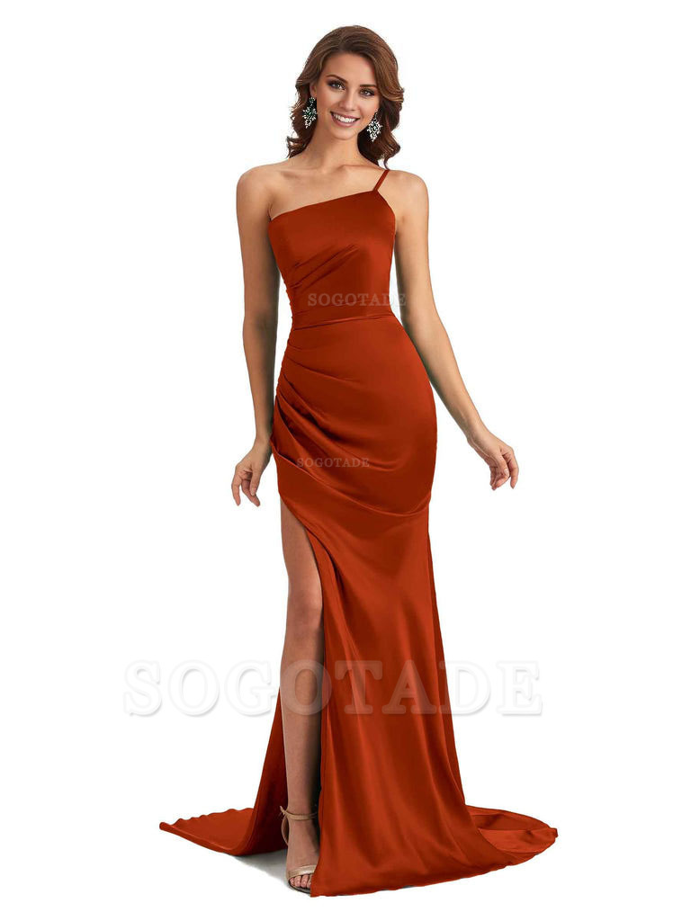 Sexy Silky Satin Side Slit One Shoulder Unique Long Wedding Guest Maxi Dresses