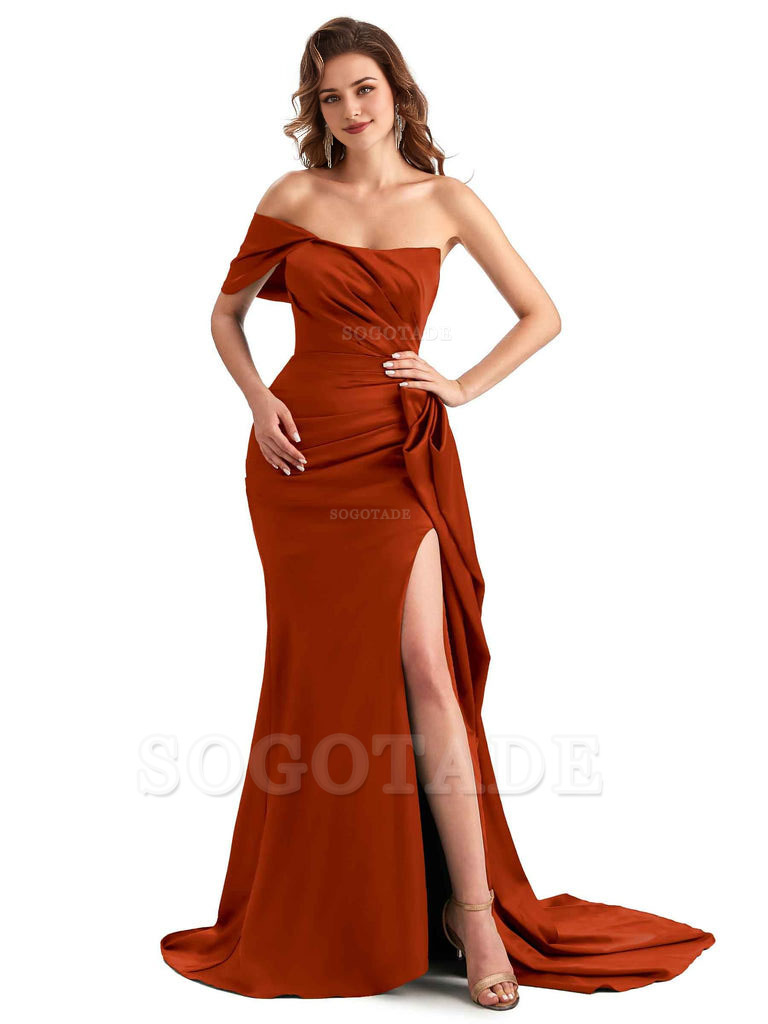 Sexy Side Slit Mermaid Silky Satin One Shoulder Chic Long Maid Of Honor Dresses