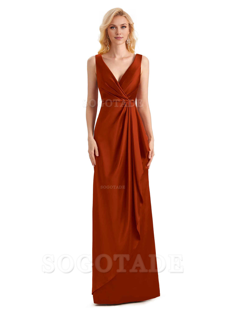 V Neck Elegant Soft Satin Formal Long Maid Bridesmaid Dresses Formal Wear Dresses