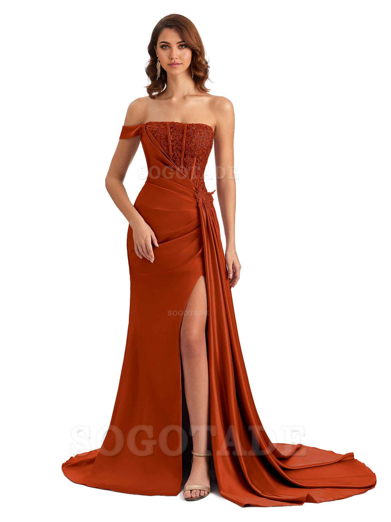 Mermaid Off Shoulder Applique formal dresses evening gown Bridesmaid Dresses With Side Slit 