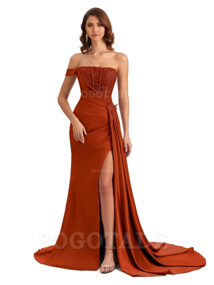 Mermaid Off Shoulder Applique formal dresses evening gown Bridesmaid Dresses With Side Slit 