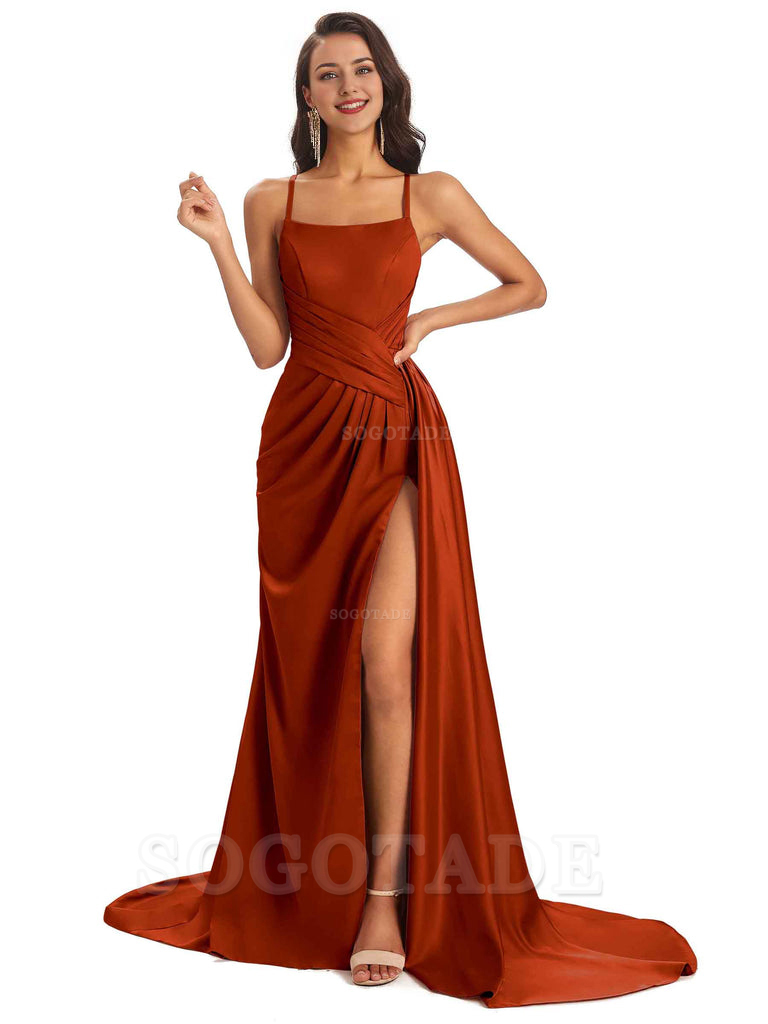 Sexy Soft Satin Side Slit Spaghetti Straps Long Maxi Bridesmaid Dresses prom shop dresses
