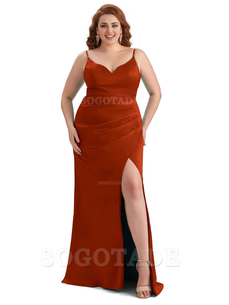 Sexy Side Slit Spaghetti Straps Mermaid Soft Satin Long Plus Size Maid of Honor Dresses