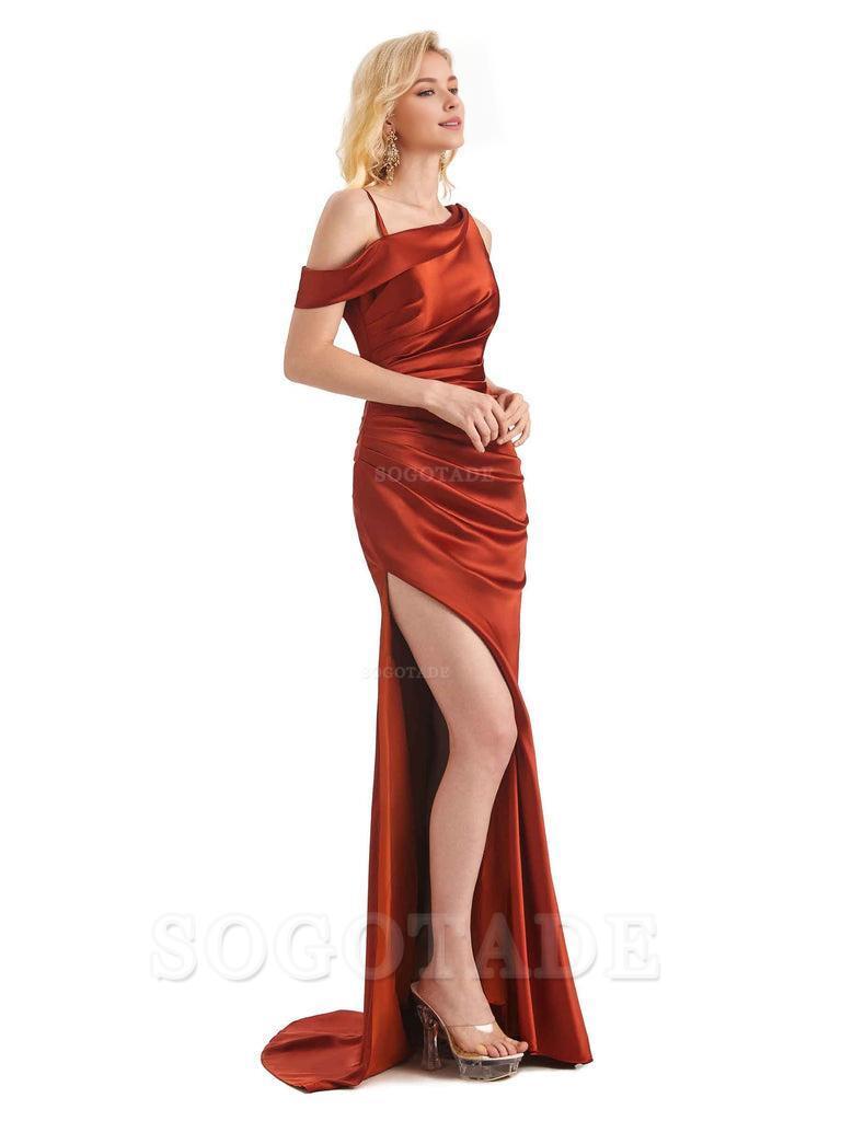 Sexy Side Slit Cold Shoulder Mermaid Chic Long Soft Satin Bridesmaid Dresses Evening Party Dress