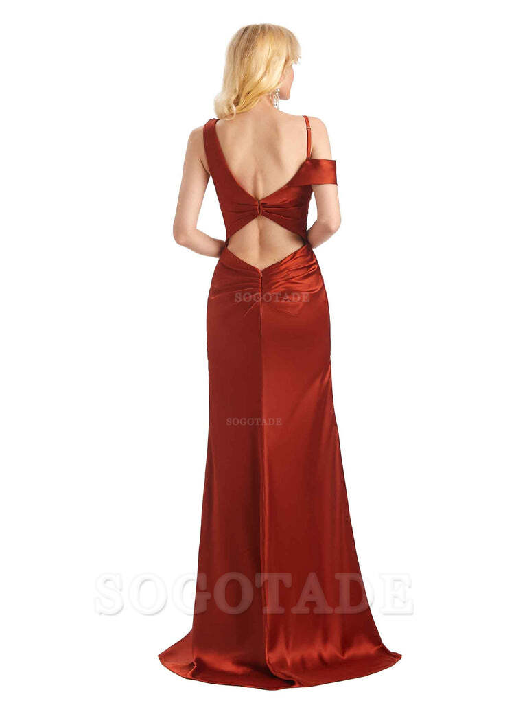 Sexy Side Slit Cold Shoulder Mermaid Chic Long Soft Satin Bridesmaid Dresses Evening Party Dress