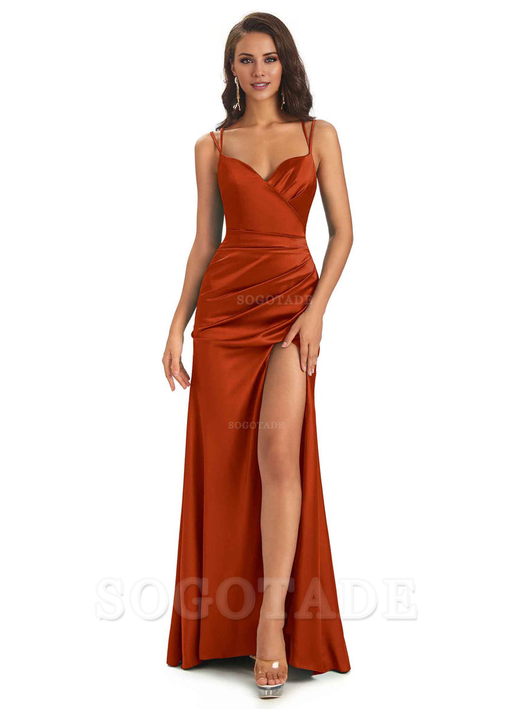 Sexy Soft Satin Side Slit Spaghetti Straps Long Maxi Mermaid Bridesmaid Dresses Elegant Evening Party Dress