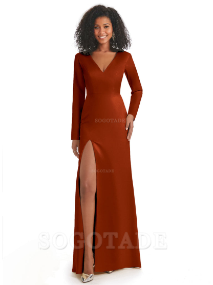Soft Satin Side Slit Long Sleeves V-Neck Long African Mermaid Bridesmaid Dresses Elegant Evening Party Dress