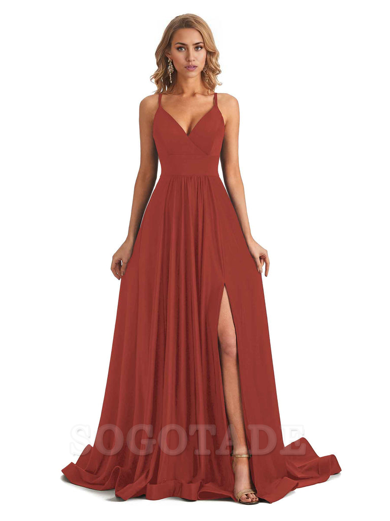 Elegant Spaghetti Straps A-Line Long Formal Bridesmaid Dresses With Side Slit Stretchy Jersey Elegant Evening Party Dress