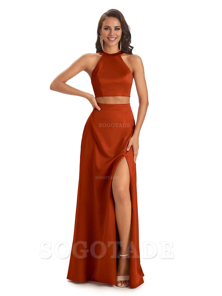 Soft Satin Two-Pieces Halter Side Slit Sexy Fashion Bridesmaid Dresses Charming Evening Party Dress