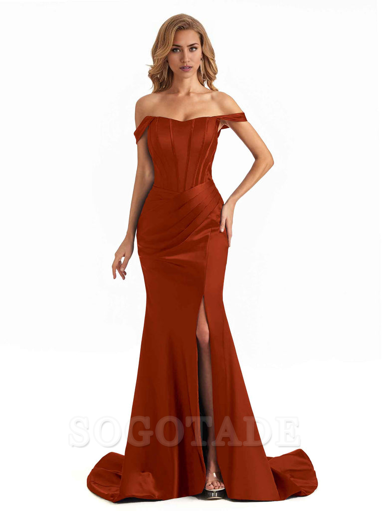 Sexy Long Mermaid Bridesmaid Dresses Off The Shoulder with Side Slit Satin Elegant Evening Party Dress 