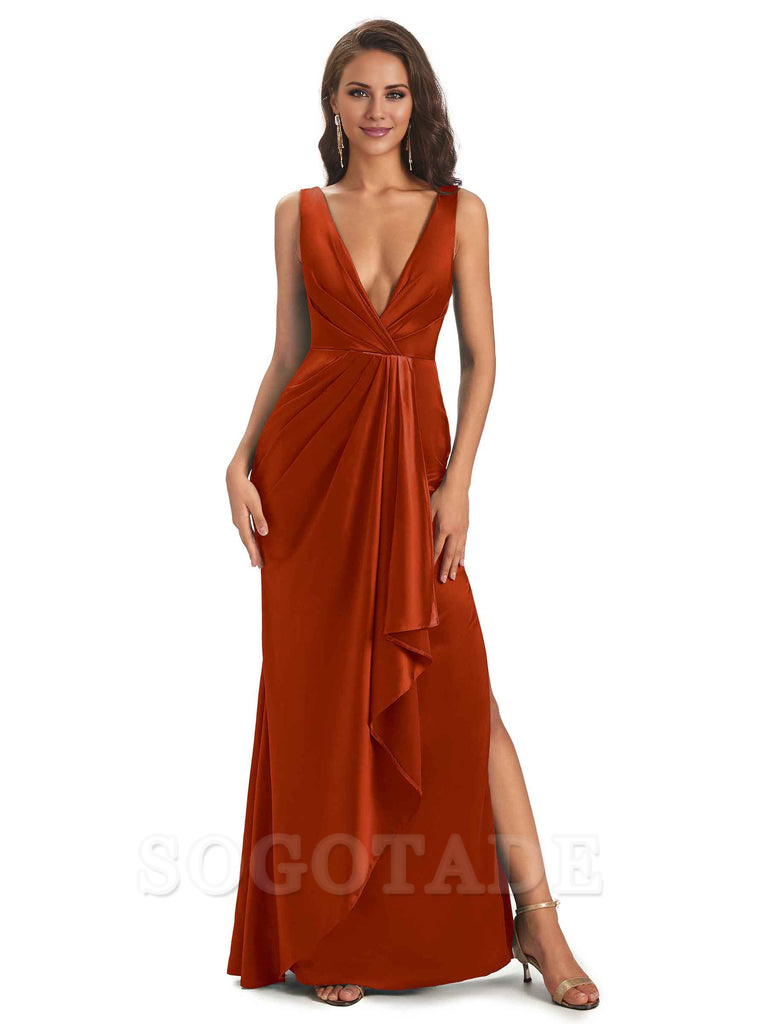 Sexy Satin V-Neck Floor-Length Long Bridesmaid Dresses with Side Slit Elegant Evening Party Dress