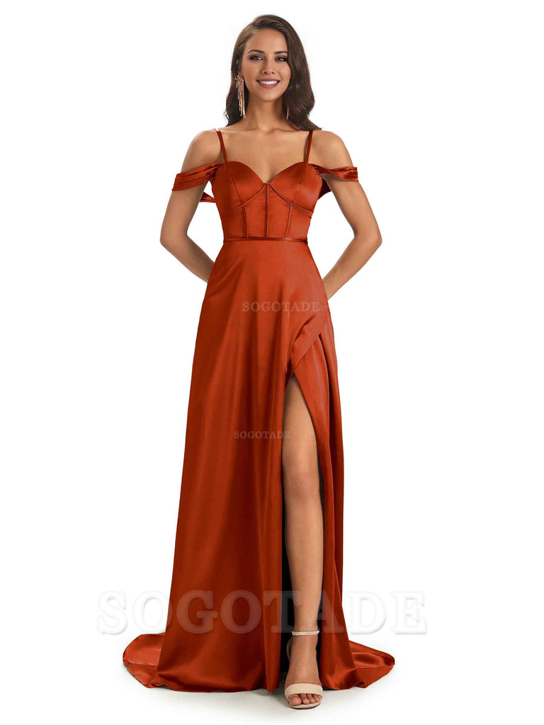 Stylish Soft Satin Side Slit Spaghetti Straps Bridesmaid Dresses Elegant Evening Party Dress