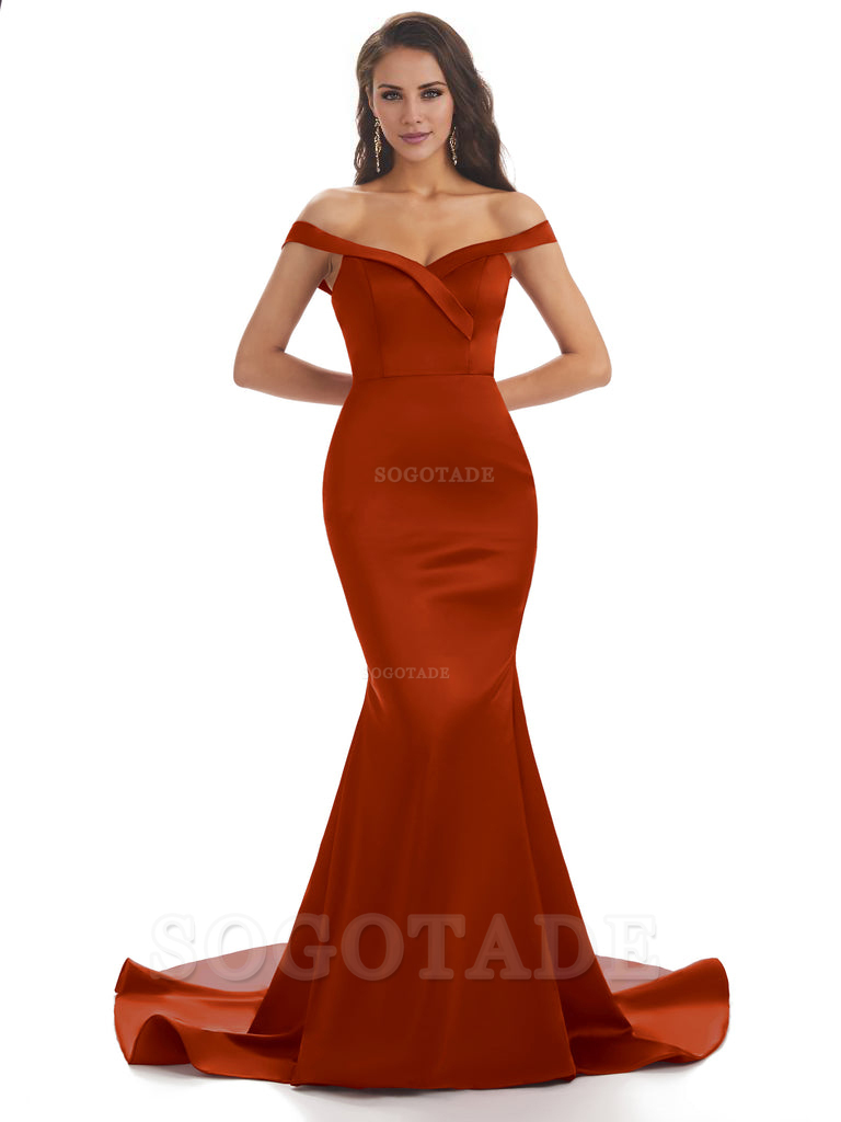 Elegant Off The Shoulder Soft Satin Mermaid Long Bridesmaid Dresses Charming Evening Party Dress