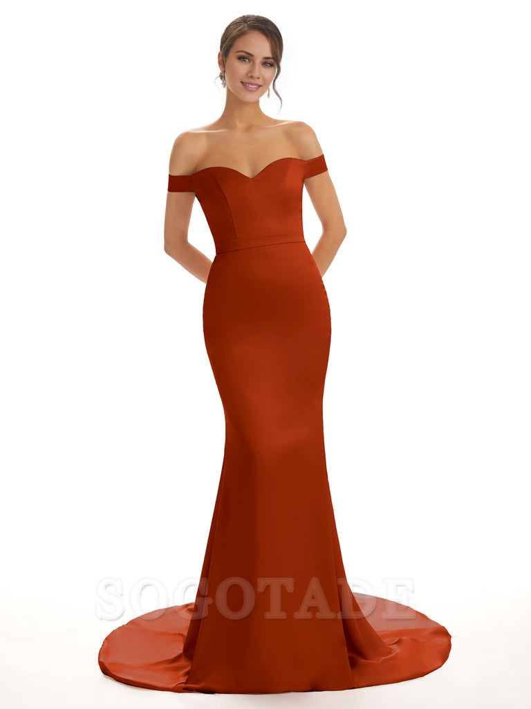 Elegant Off The Shoulder Satin Long Mermaid Bridesmaid Dresses