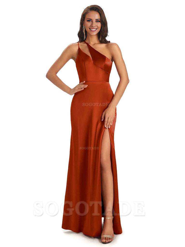 Sexy Soft Satin Side Slit One Shoulder Floor-Length Mermaid Long Bridesmaid Dresses Elegant Evening Party Dress