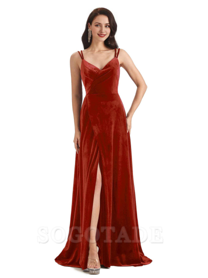 Sexy Velvet Long Bridesmaid Dresses Spaghetti Straps Open Back with Side Slit