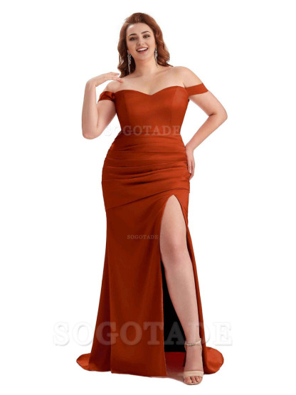 Sexy Mermaid Off The Shoulder Side Slit Soft Satin Long Plus Size Wedding Party Dresses
