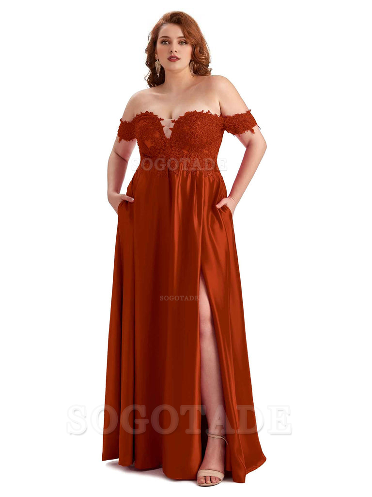 Off Shoulder Side Slit Lace Soft Satin Long Plus Size Bridesmaid Dresses For Wedding