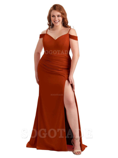 Sexy Side Slit Mermaid Cold Shoulder Soft Satin Long Plus Size Bridesmaid Dresses Online