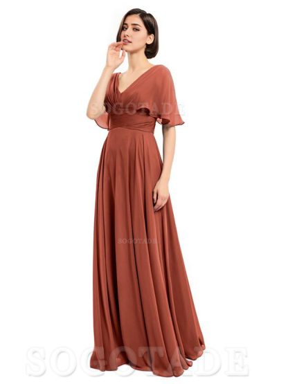  V-Neck Cap Sleeves Sleeves Chiffon Long Elegant Bridesmaid Dresses Formal Wear Dresses