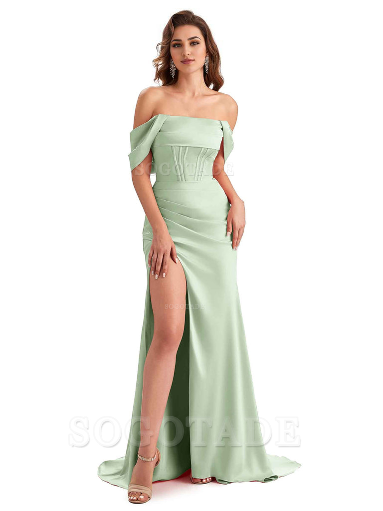 Sexy Side Slit Mermaid Soft Satin Off The Shoulder Unique Long Wedding Attendee Dresses