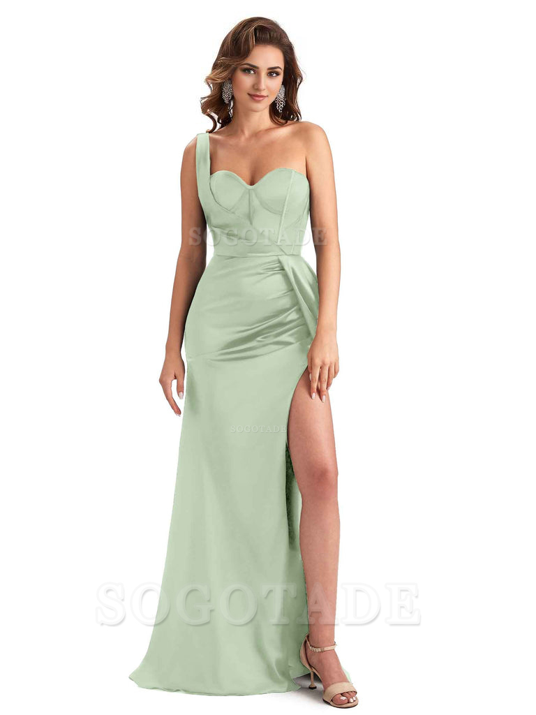 Sexy Mermaid Silky Satin Side Slit One Shoulder Unique Long Wedding Guest Dresses