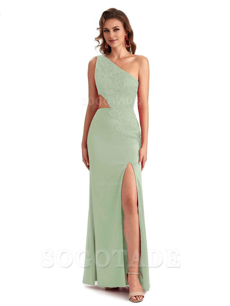 Sexy Side Slit Mermaid Lace Silky Satin One Shoulder Chic Long Bridesmaid Dresses